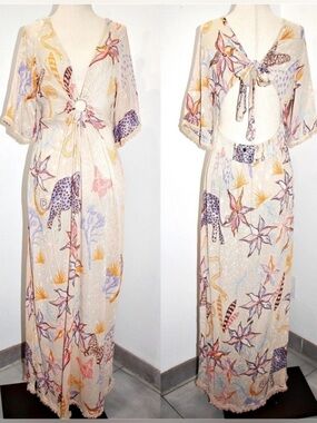 Z&L Europe V-Neck Tie up Open Back Bell Sleeves Trim 54” Long Maxi Dress